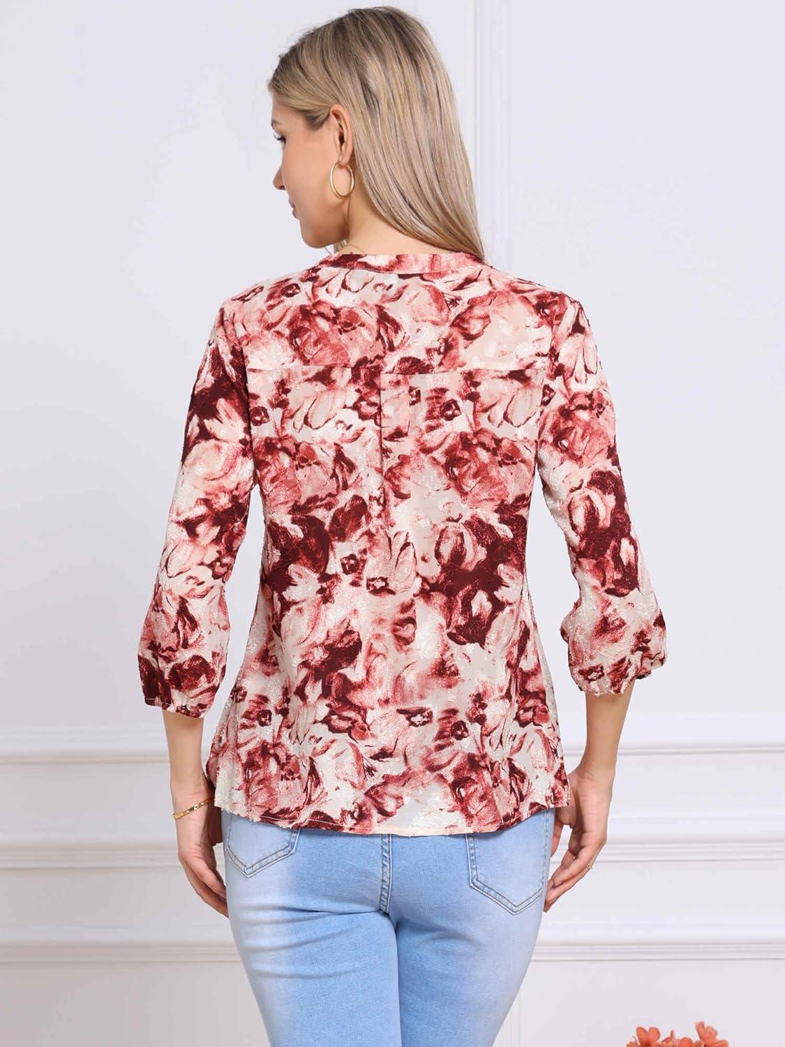 imageAllegra K Dressy Casual Pleated Top for Womens 34 Sleeve Button Down V Neck Printed Blouse ShirtBeige Red