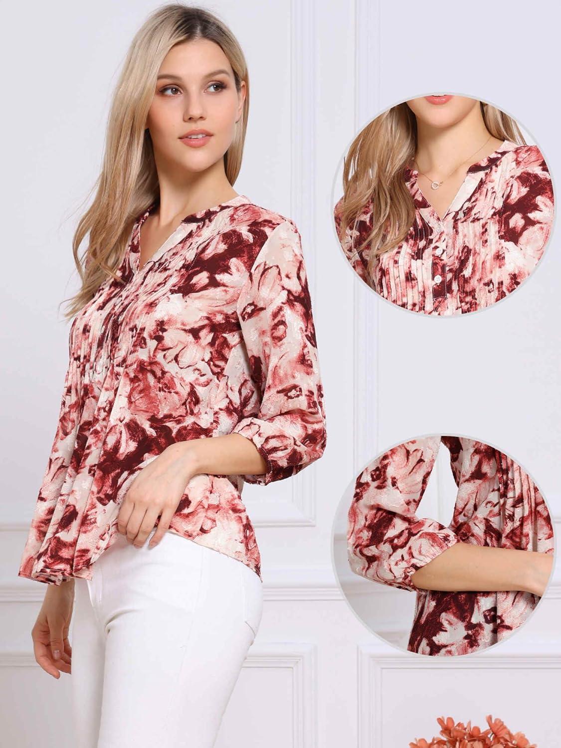 imageAllegra K Dressy Casual Pleated Top for Womens 34 Sleeve Button Down V Neck Printed Blouse ShirtBeige Red