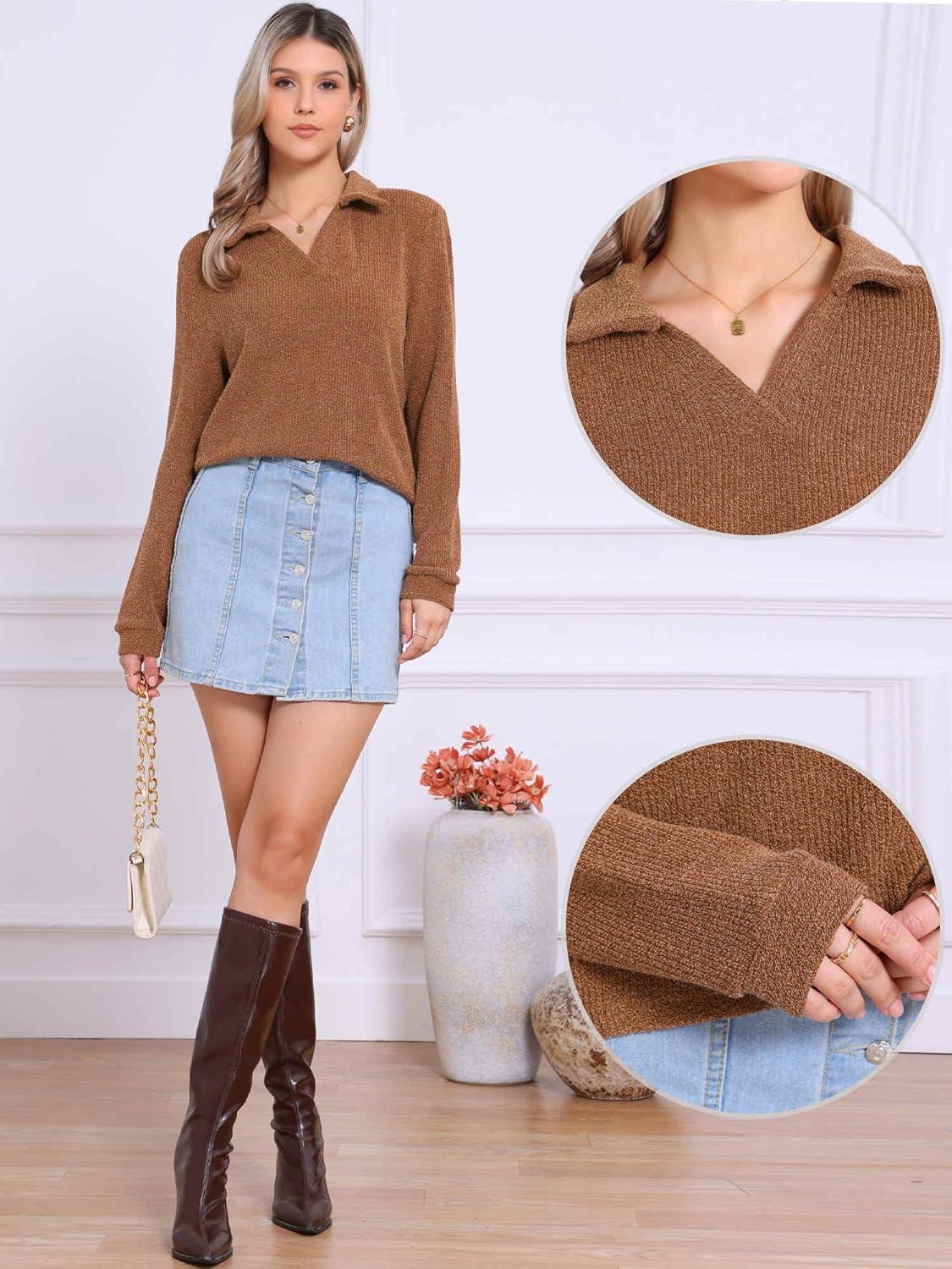 imageAllegra K Fall Winter Sweater for Womens 2025 Polo Collar Shirts TopsBrick Red