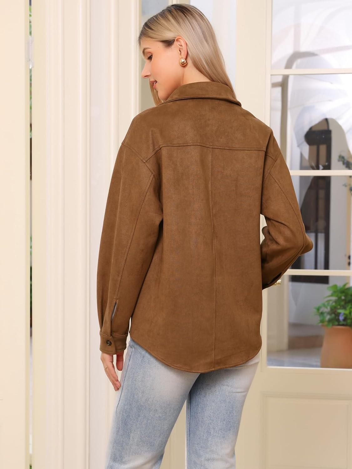 imageAllegra K Faux Suede Jacket for Womens TurnDown Collar Long Sleeve Casual Button Down JacketsBrown