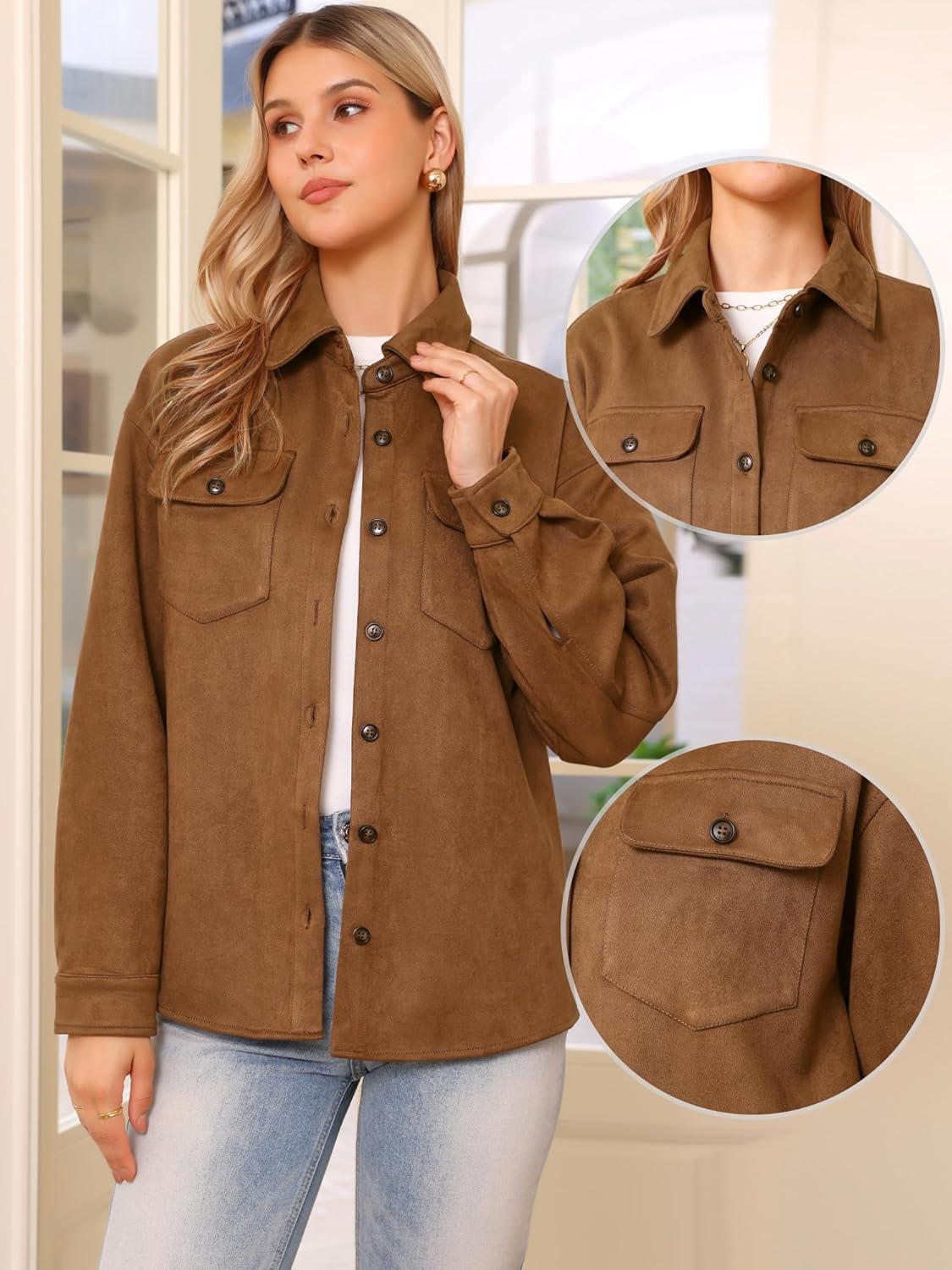 imageAllegra K Faux Suede Jacket for Womens TurnDown Collar Long Sleeve Casual Button Down JacketsBrown