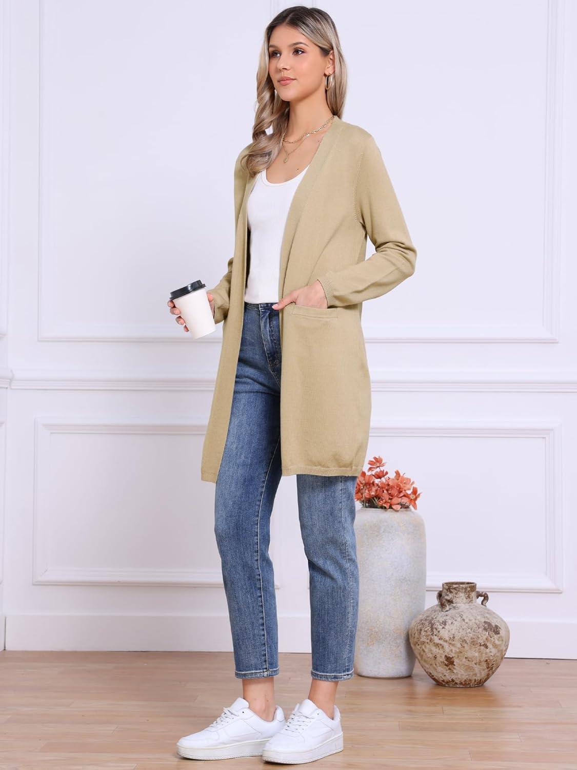 imageAllegra K Long Cardigan Sweaters for Womens Long Sleeve Open Front Lightweight Knit Cardigans TrendyKhaki