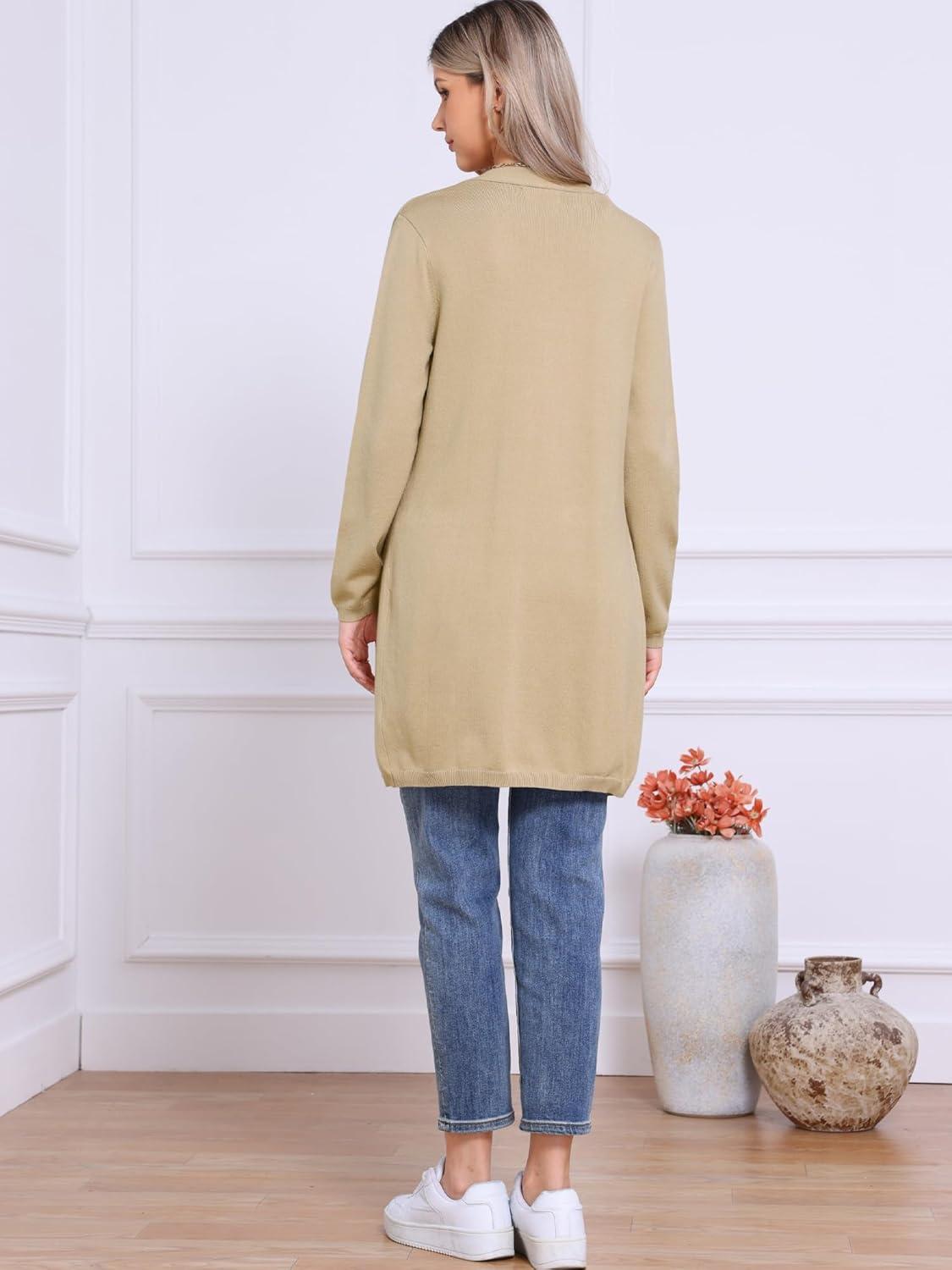 imageAllegra K Long Cardigan Sweaters for Womens Long Sleeve Open Front Lightweight Knit Cardigans TrendyKhaki