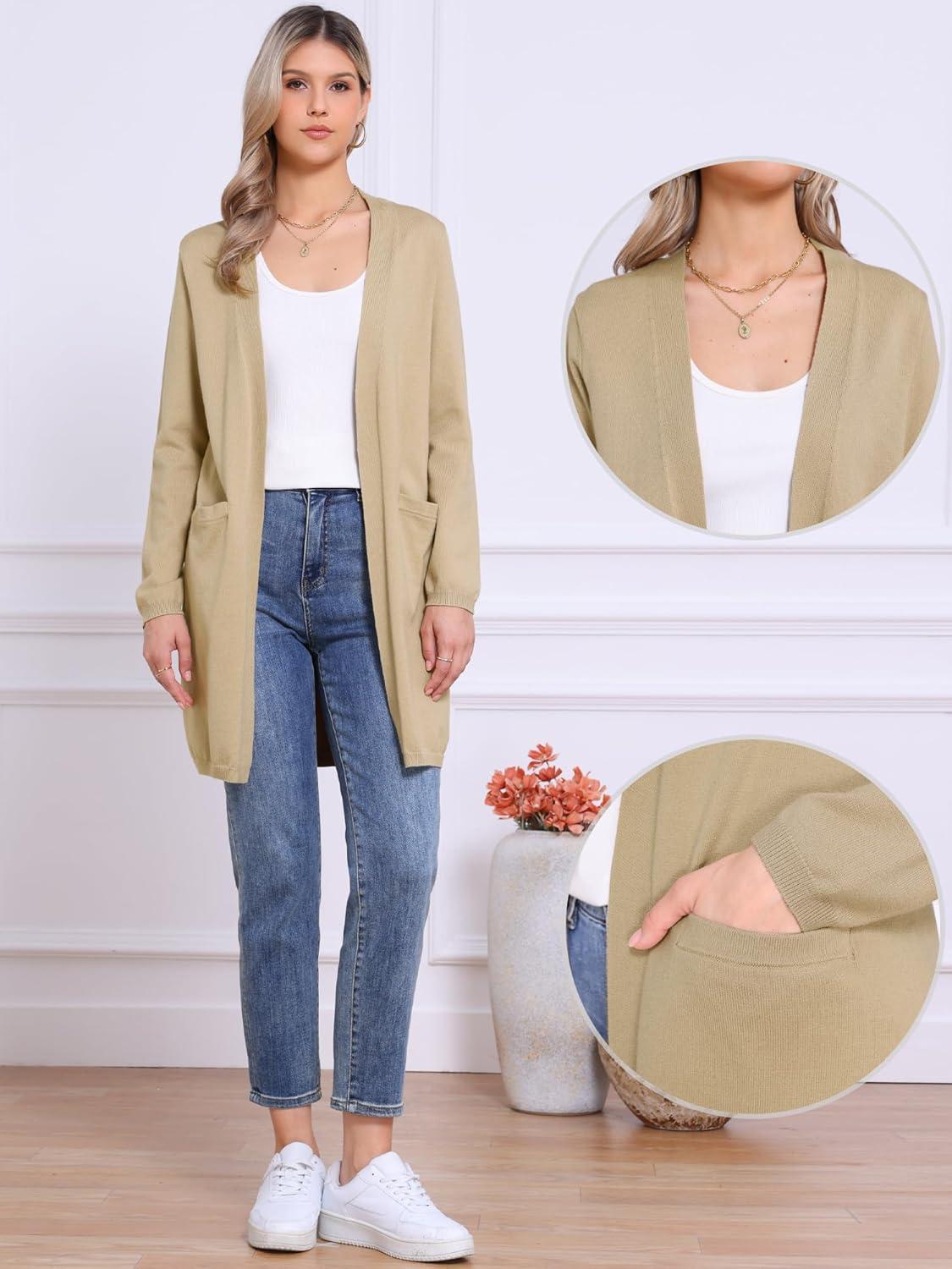 imageAllegra K Long Cardigan Sweaters for Womens Long Sleeve Open Front Lightweight Knit Cardigans TrendyKhaki