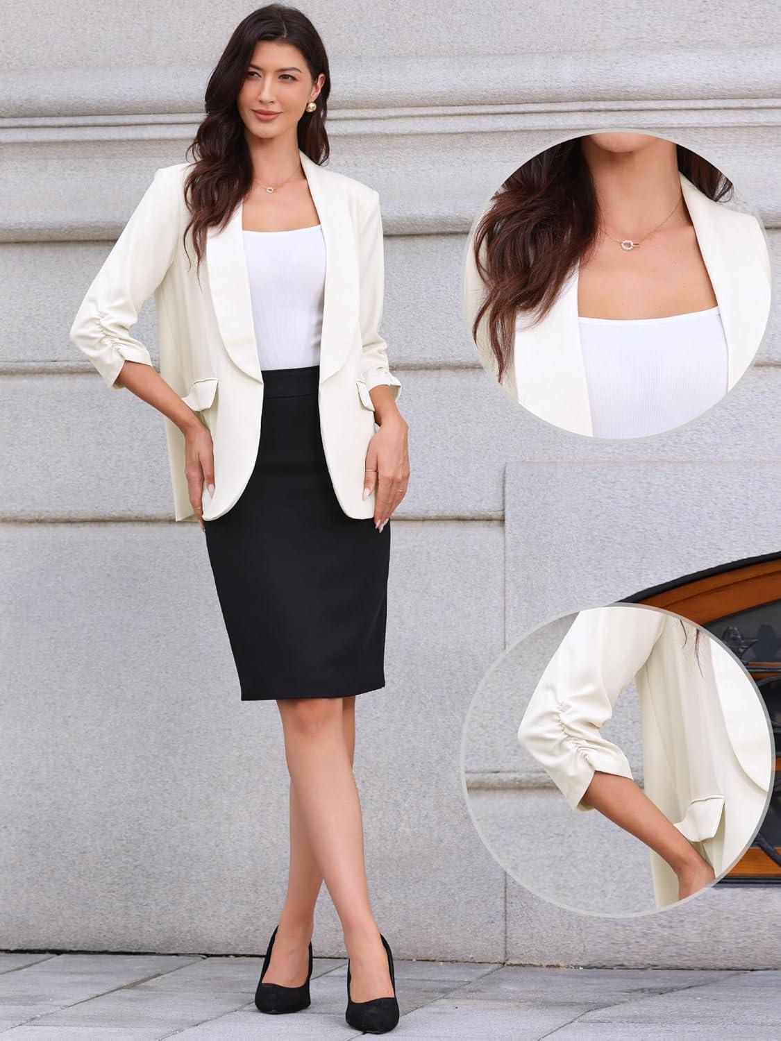 imageAllegra K Open Front Blazer for Womens Ruched 34 Sleeve Shawl Collar Office Dressy Suit JacketCream White