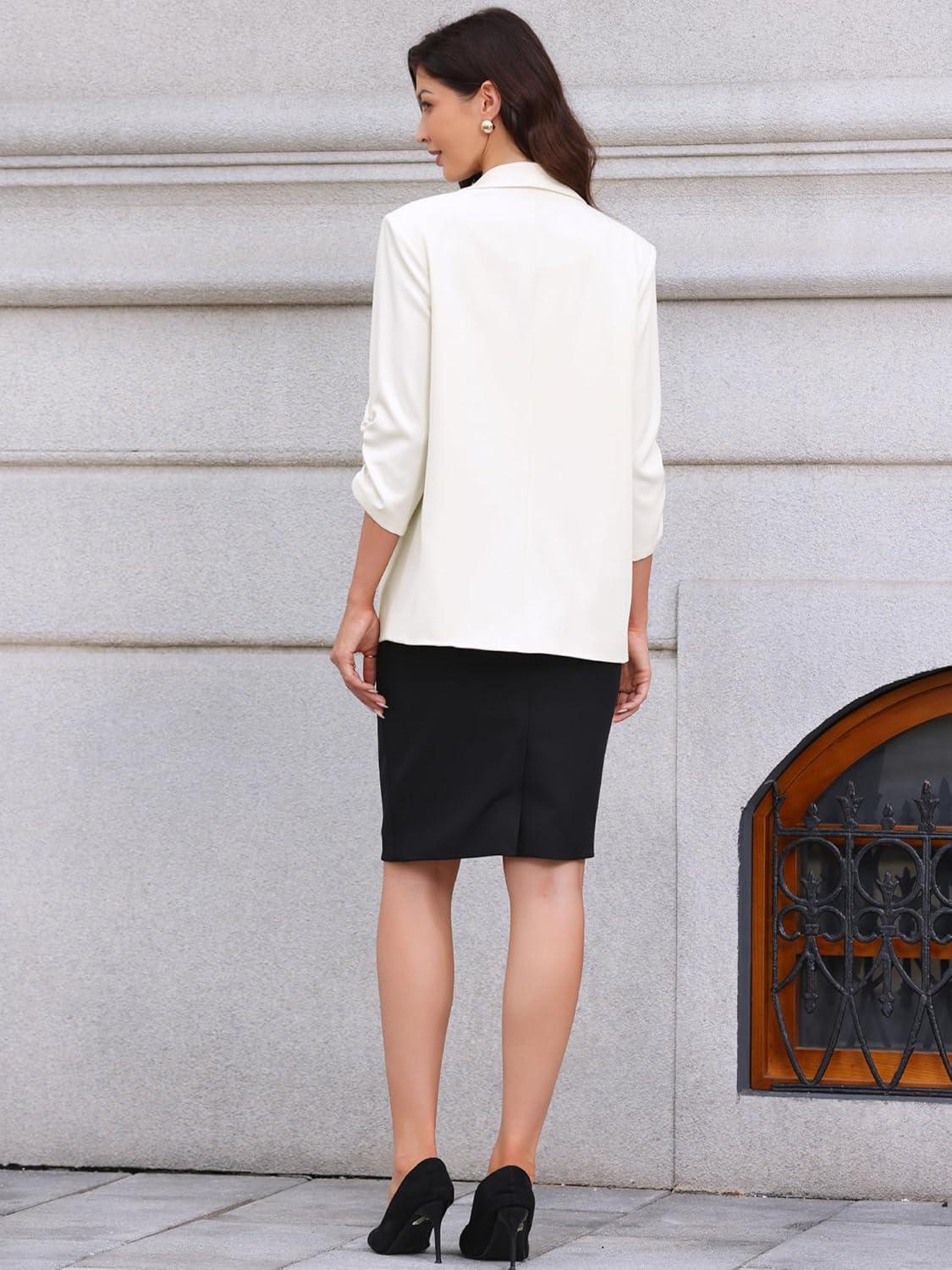 imageAllegra K Open Front Blazer for Womens Ruched 34 Sleeve Shawl Collar Office Dressy Suit JacketCream White