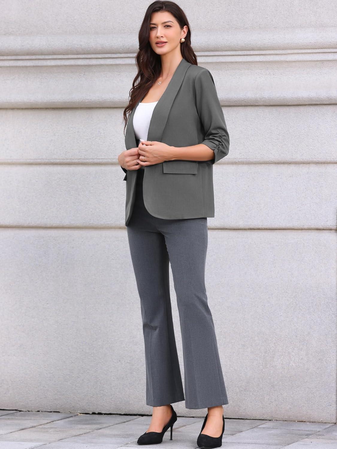 imageAllegra K Open Front Blazer for Womens Ruched 34 Sleeve Shawl Collar Office Dressy Suit JacketDark Gray