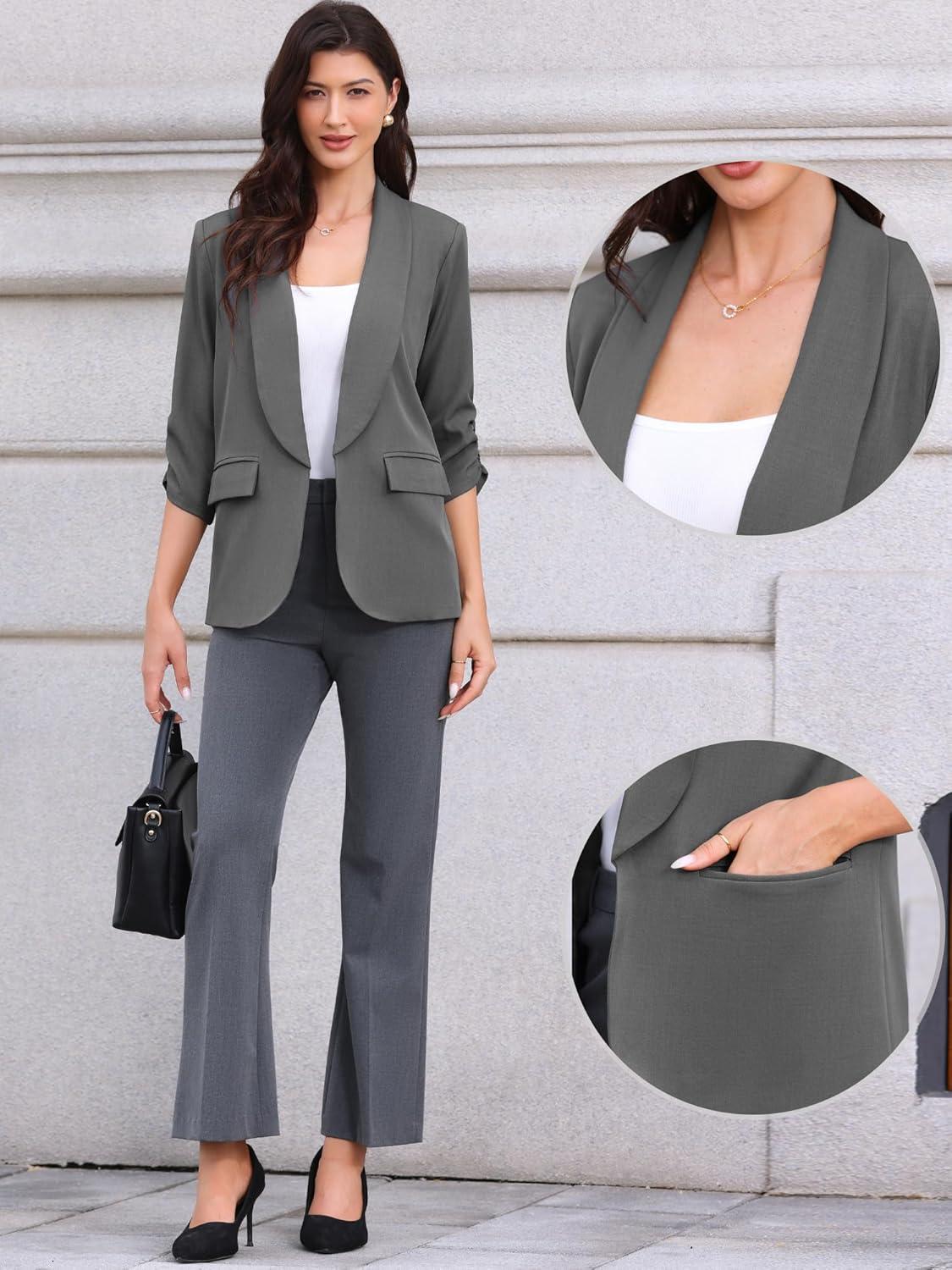 imageAllegra K Open Front Blazer for Womens Ruched 34 Sleeve Shawl Collar Office Dressy Suit JacketDark Gray