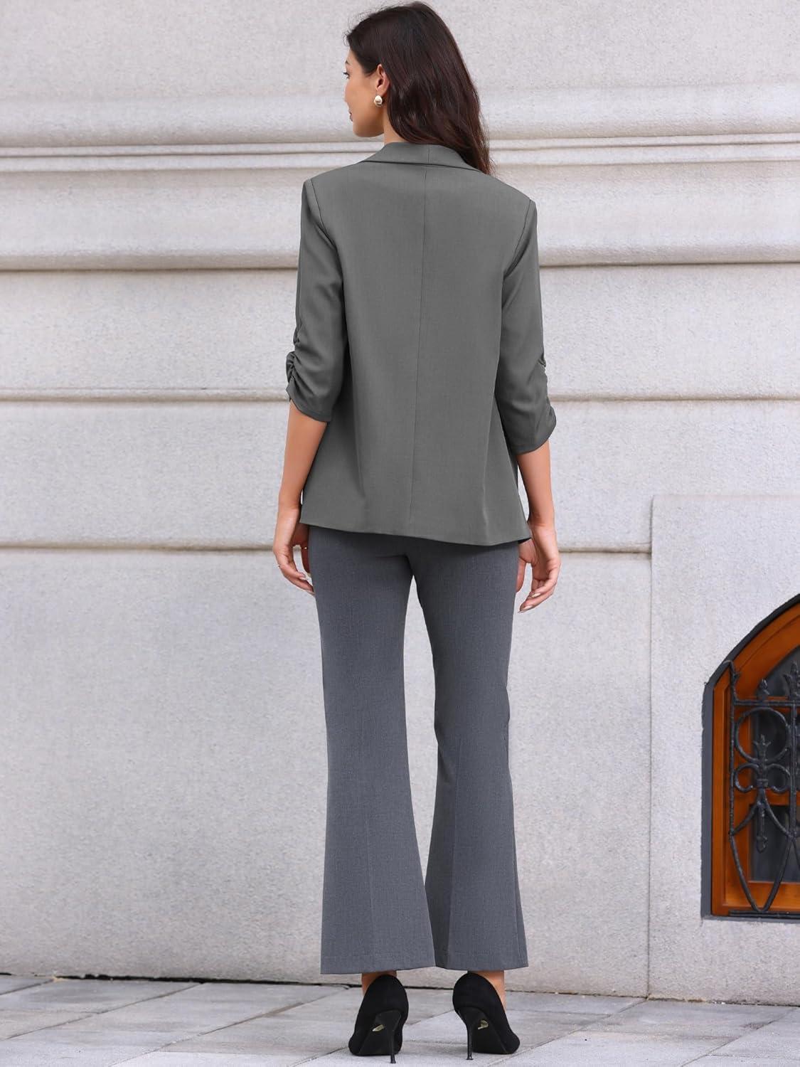imageAllegra K Open Front Blazer for Womens Ruched 34 Sleeve Shawl Collar Office Dressy Suit JacketDark Gray