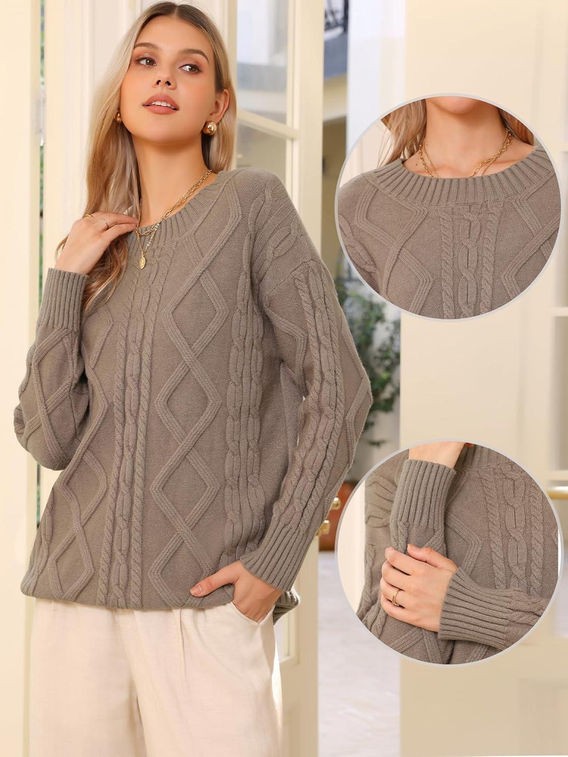 imageAllegra K Oversized Sweaters for Womens Crewneck Fall Chunky Cable Knit Pullover SweaterLight Brown
