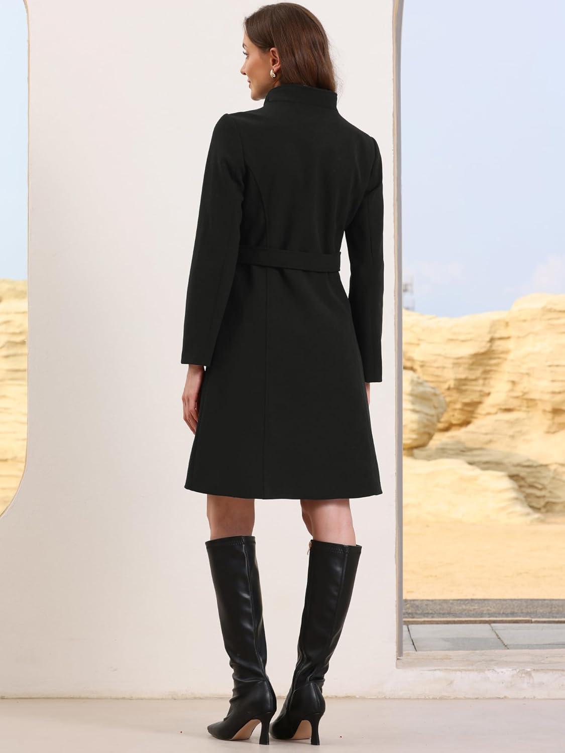 imageAllegra K Pea Coats for Women Fall Winter Stand Collar Single Breasted Long Trench Coat with Belt 2025Black