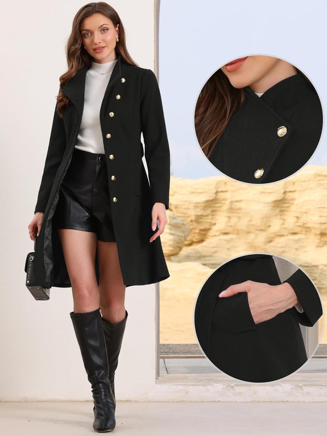imageAllegra K Pea Coats for Women Fall Winter Stand Collar Single Breasted Long Trench Coat with Belt 2025Black