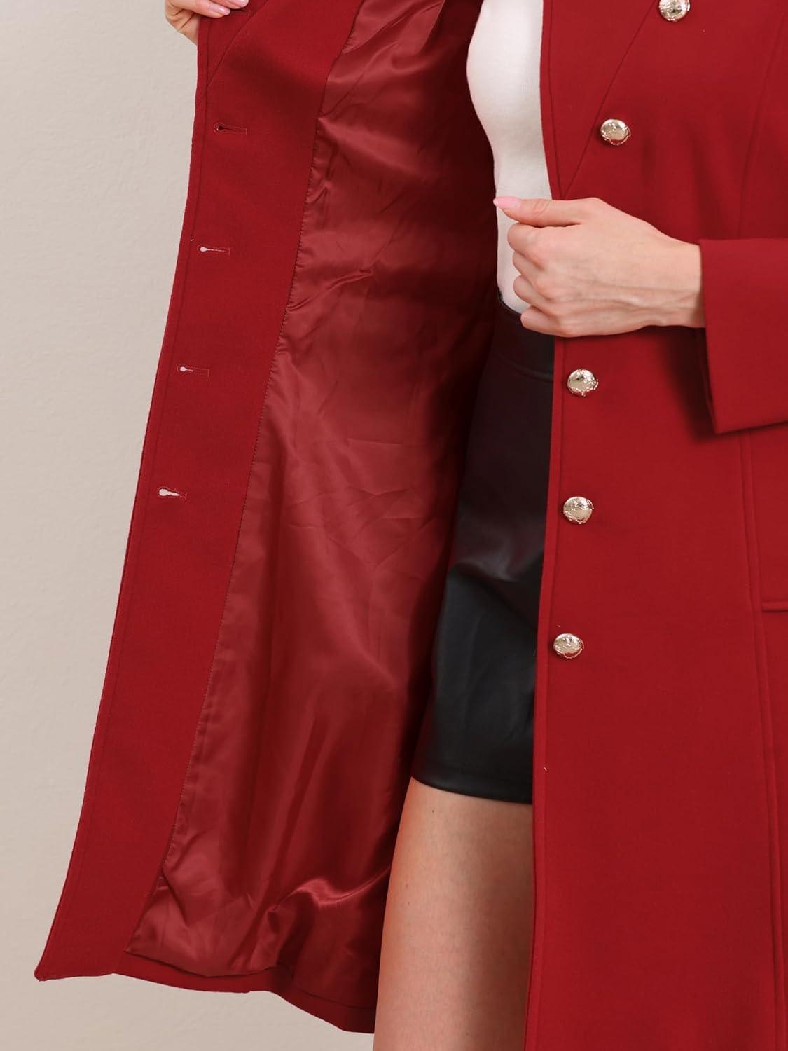 imageAllegra K Pea Coats for Women Fall Winter Stand Collar Single Breasted Long Trench Coat with Belt 2025Red