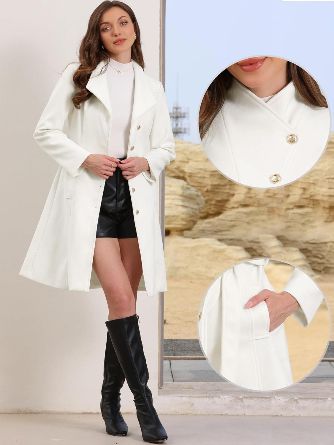 imageAllegra K Pea Coats for Women Fall Winter Stand Collar Single Breasted Long Trench Coat with Belt 2025White