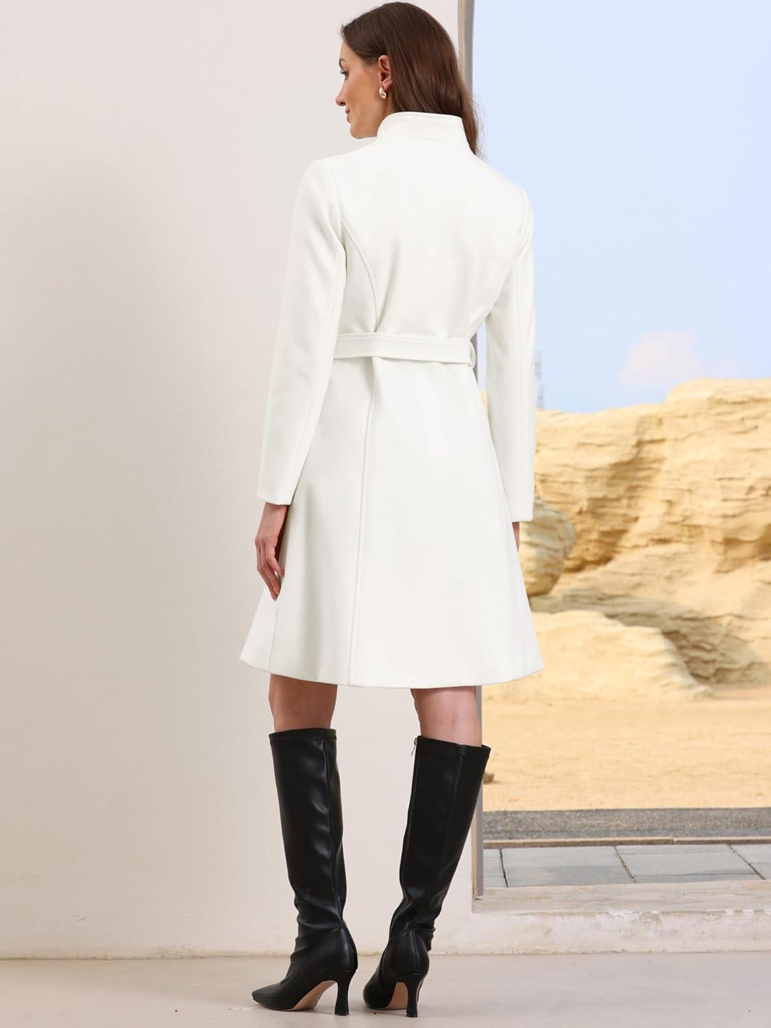 imageAllegra K Pea Coats for Women Fall Winter Stand Collar Single Breasted Long Trench Coat with Belt 2025White