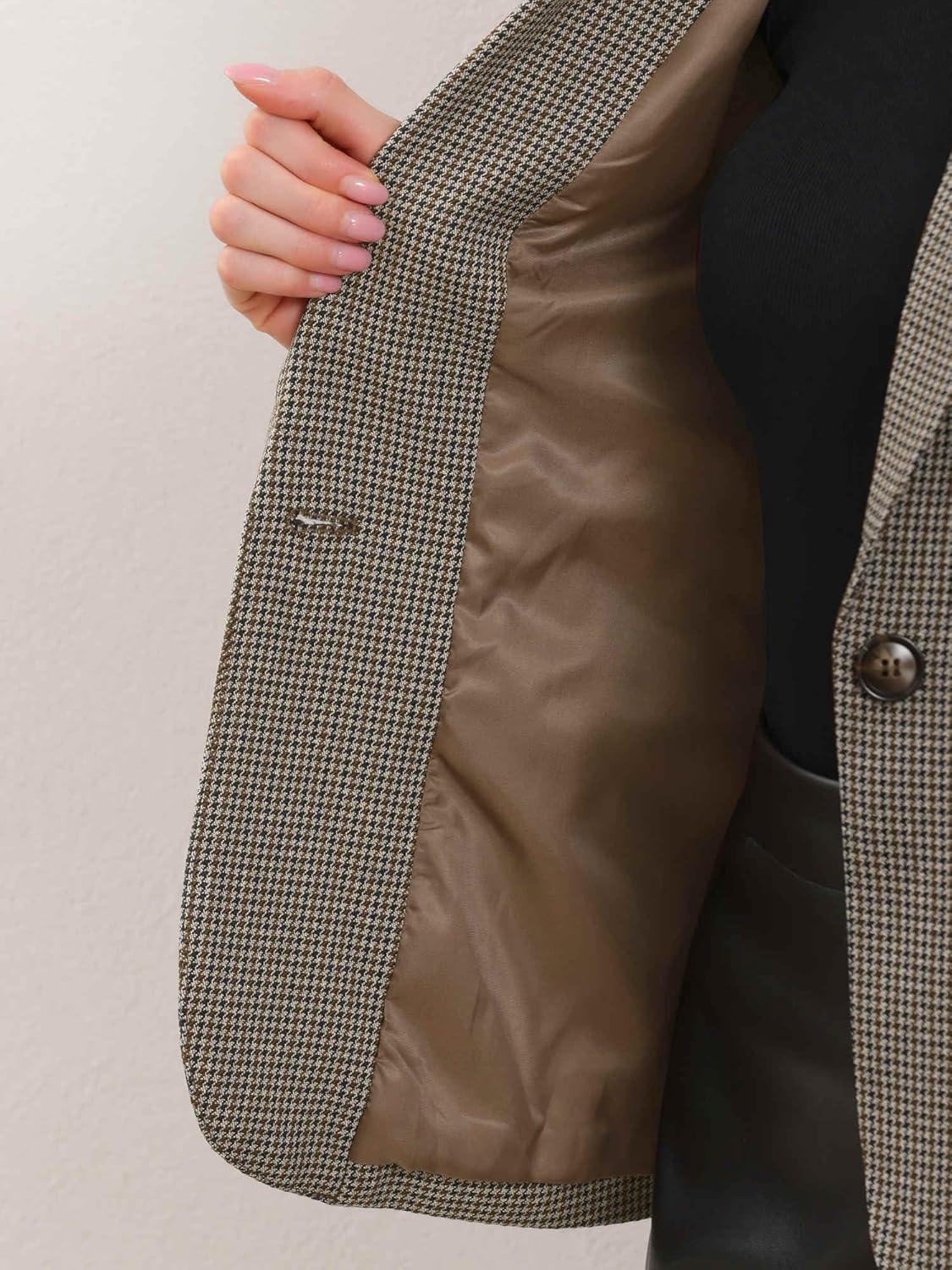 imageAllegra K Plaid Business Blazer for Womens Houndstooth Lapel Collar One Button Work Office Suit JacketBrown