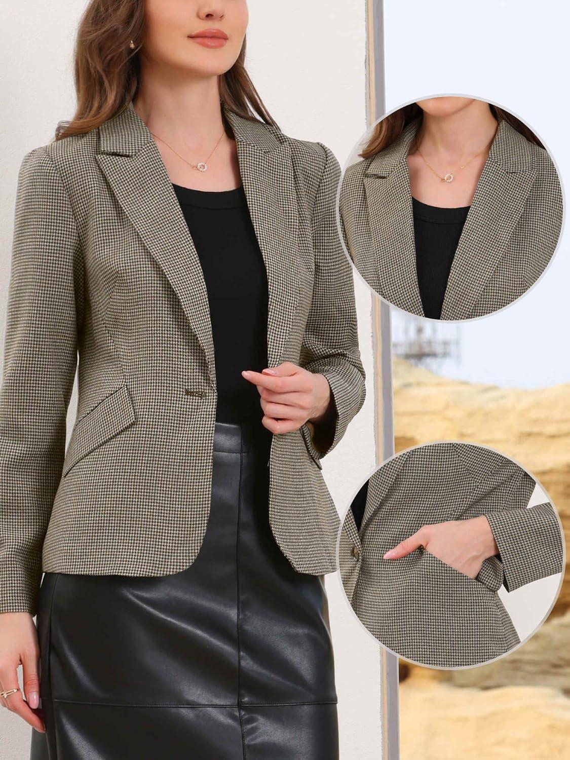 imageAllegra K Plaid Business Blazer for Womens Houndstooth Lapel Collar One Button Work Office Suit JacketBrown