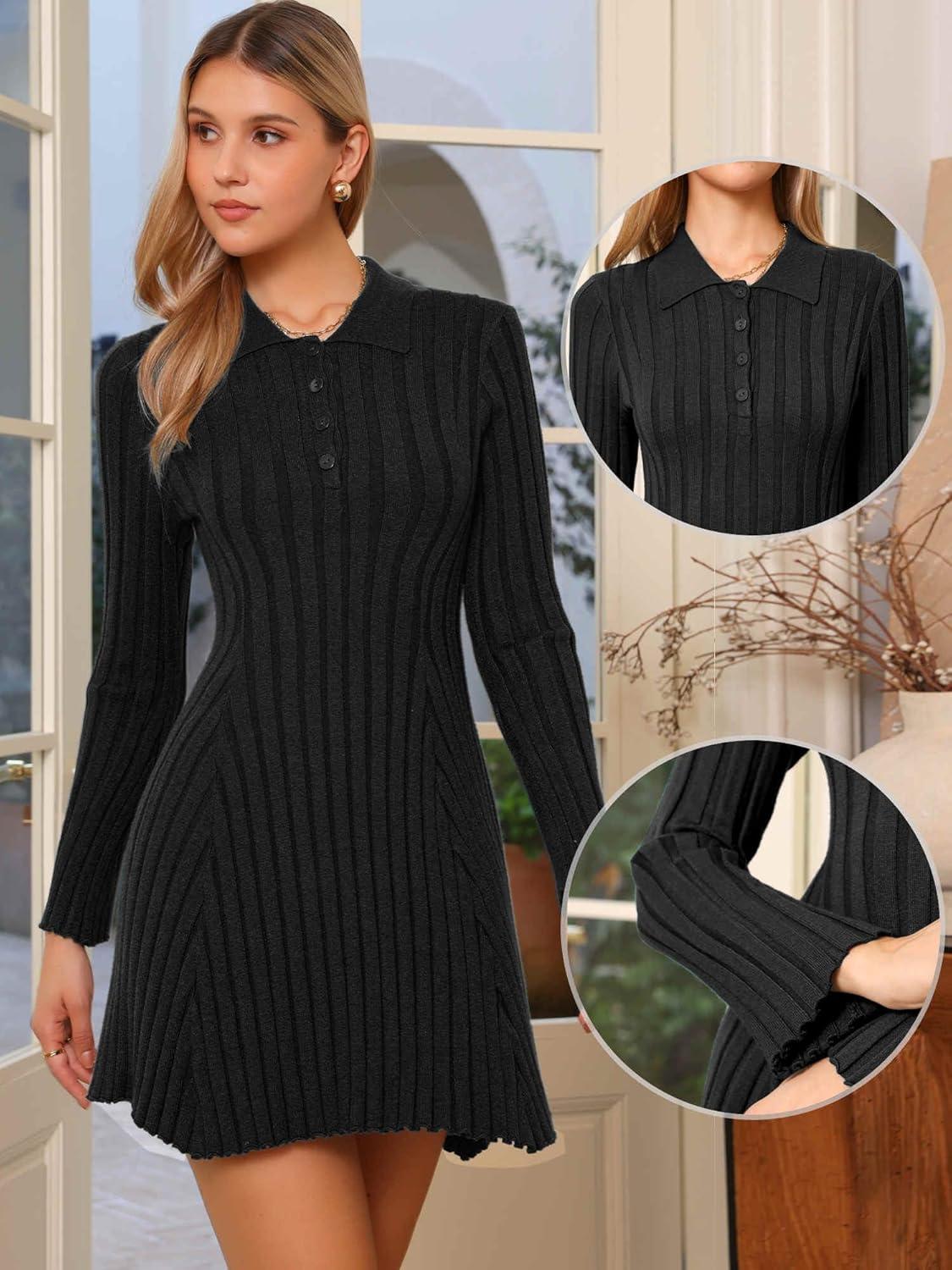 imageAllegra K Polo Sweater Dress for Womens Chunky Button Down Long Sleeve DressBlack