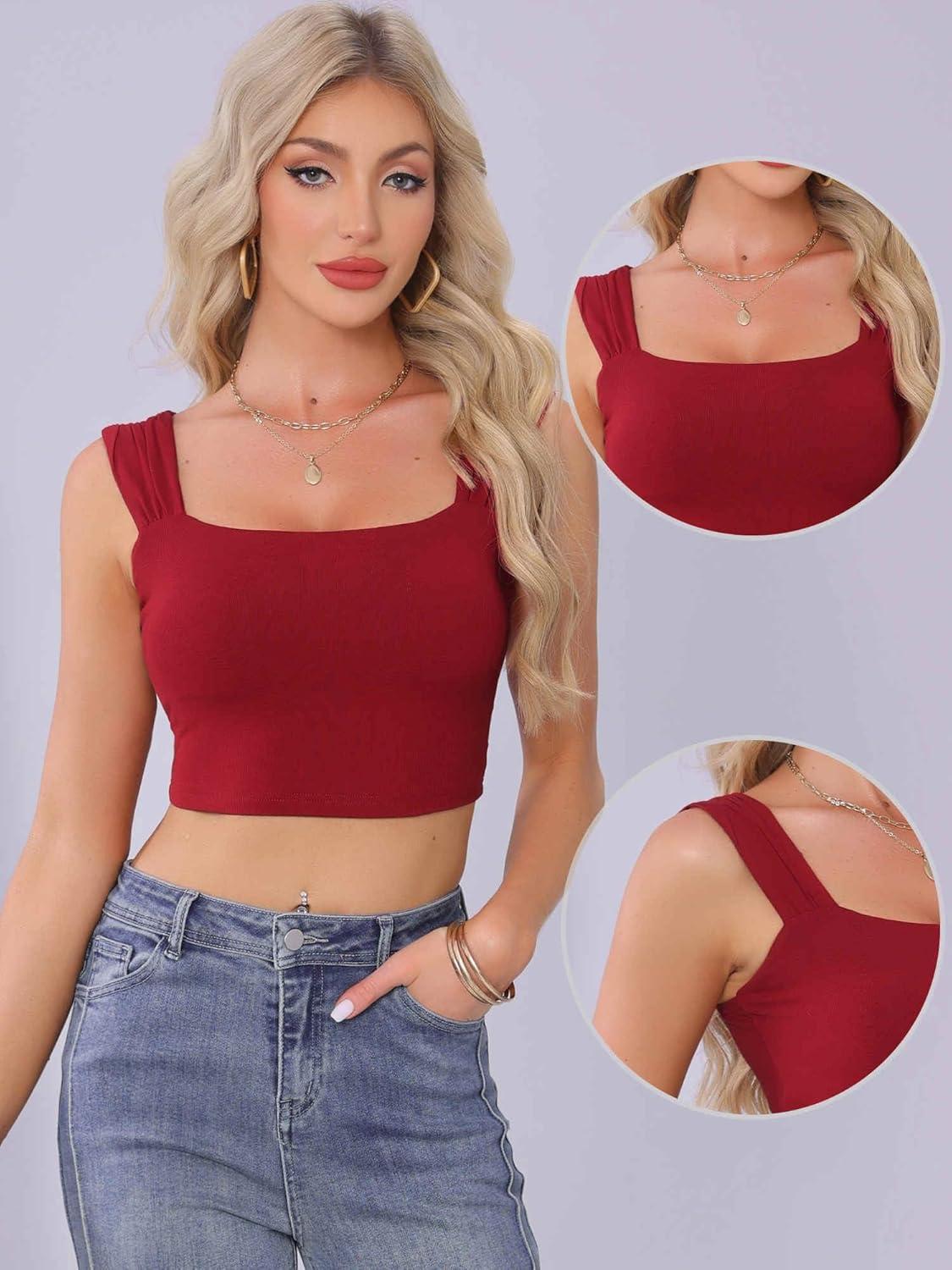 imageAllegra K Square Neck Tank Top for Women Summer Sleeveless Fitted Going Out Crop TopDark Red