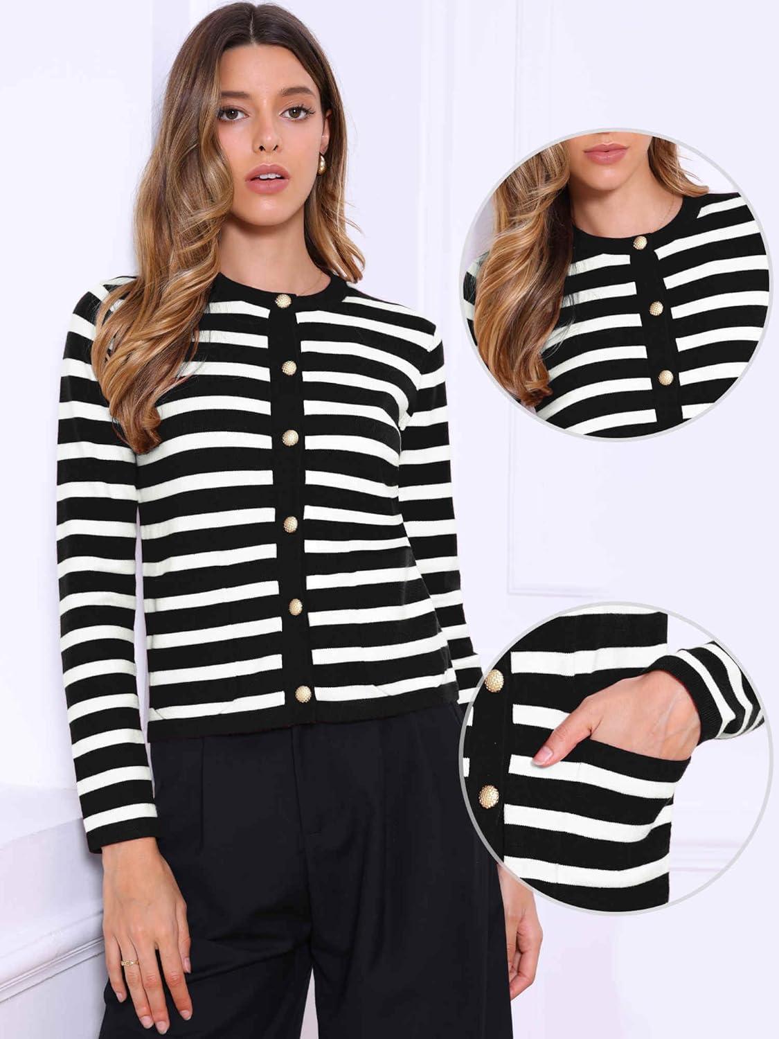 imageAllegra K Striped Cardigan Sweaters for Womens Lightweight Crew Neck Button Down Knit JacketsBlack White