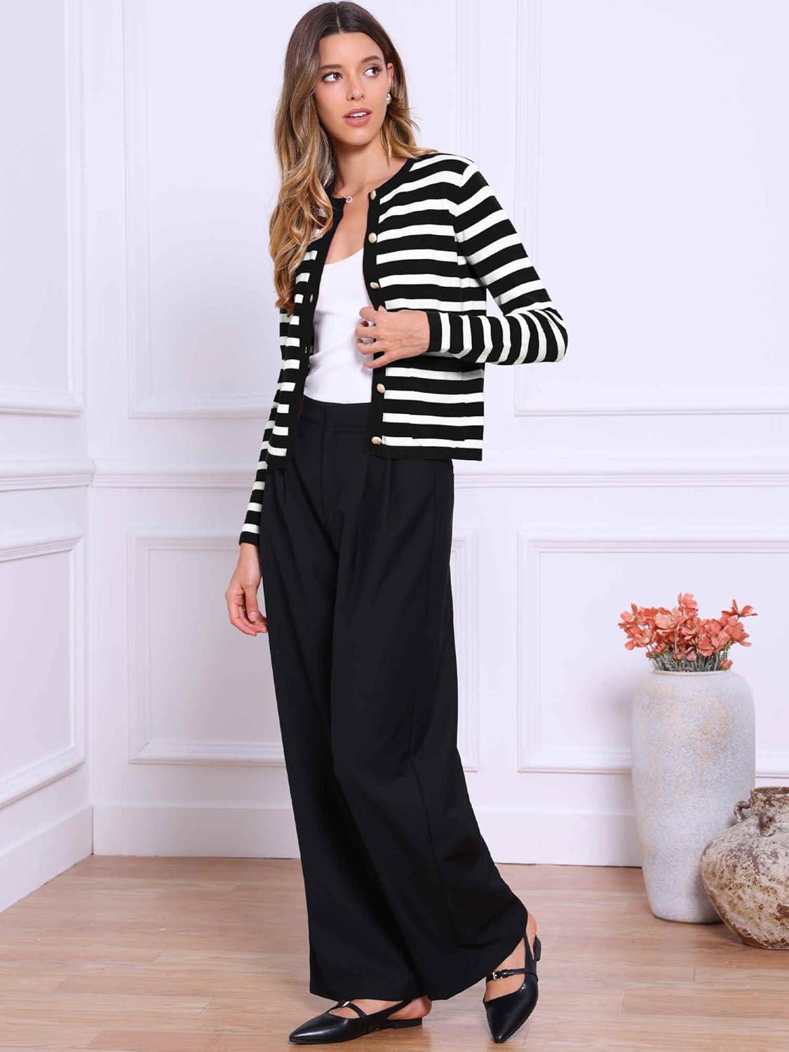 imageAllegra K Striped Cardigan Sweaters for Womens Lightweight Crew Neck Button Down Knit JacketsBlack White