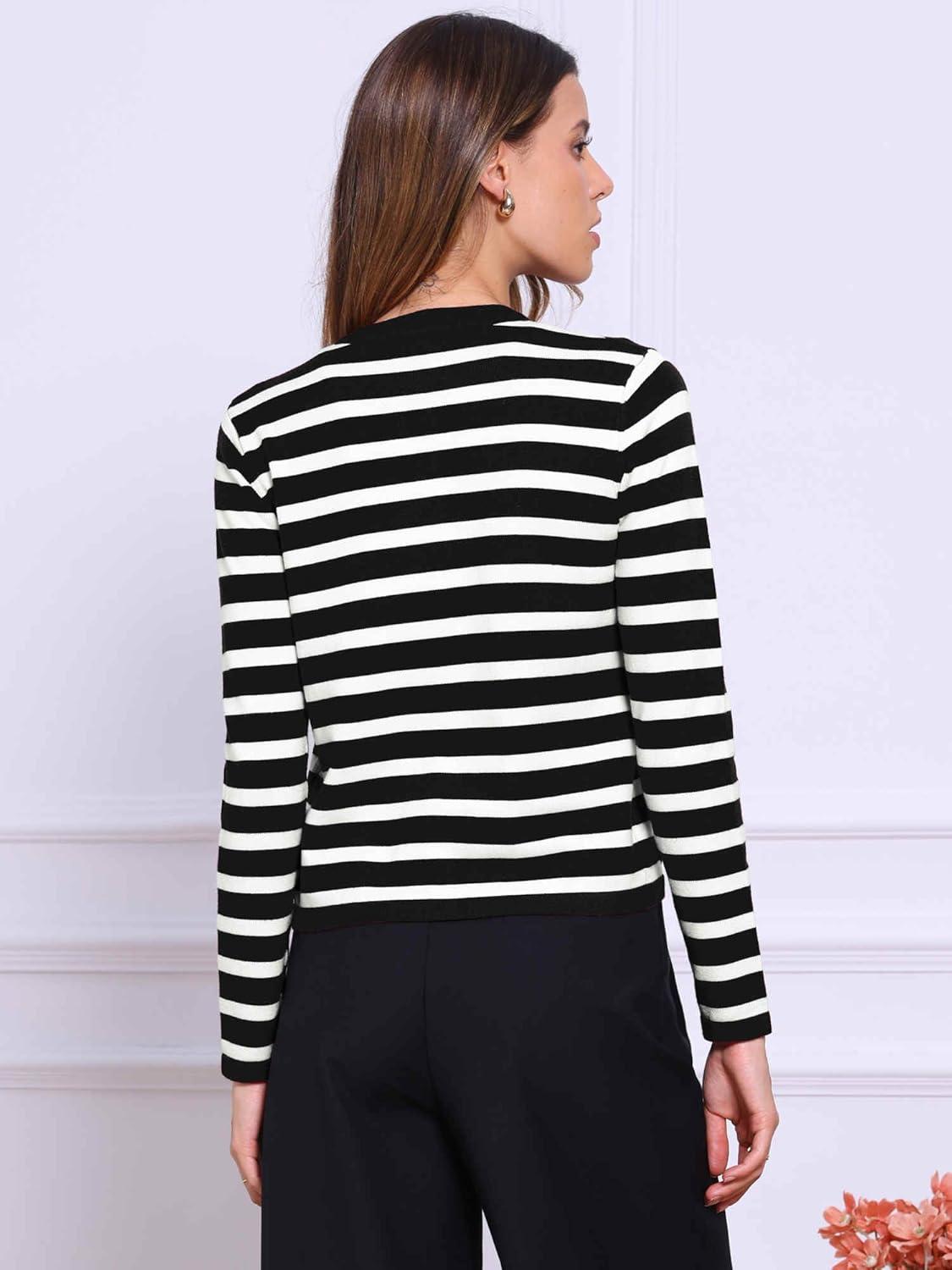 imageAllegra K Striped Cardigan Sweaters for Womens Lightweight Crew Neck Button Down Knit JacketsBlack White