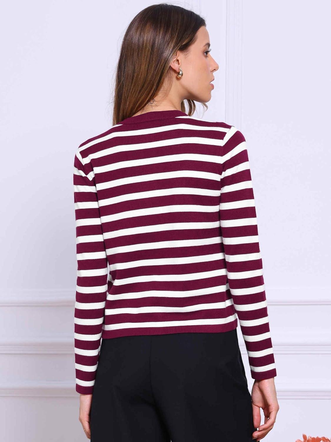 imageAllegra K Striped Cardigan Sweaters for Womens Lightweight Crew Neck Button Down Knit JacketsRed White