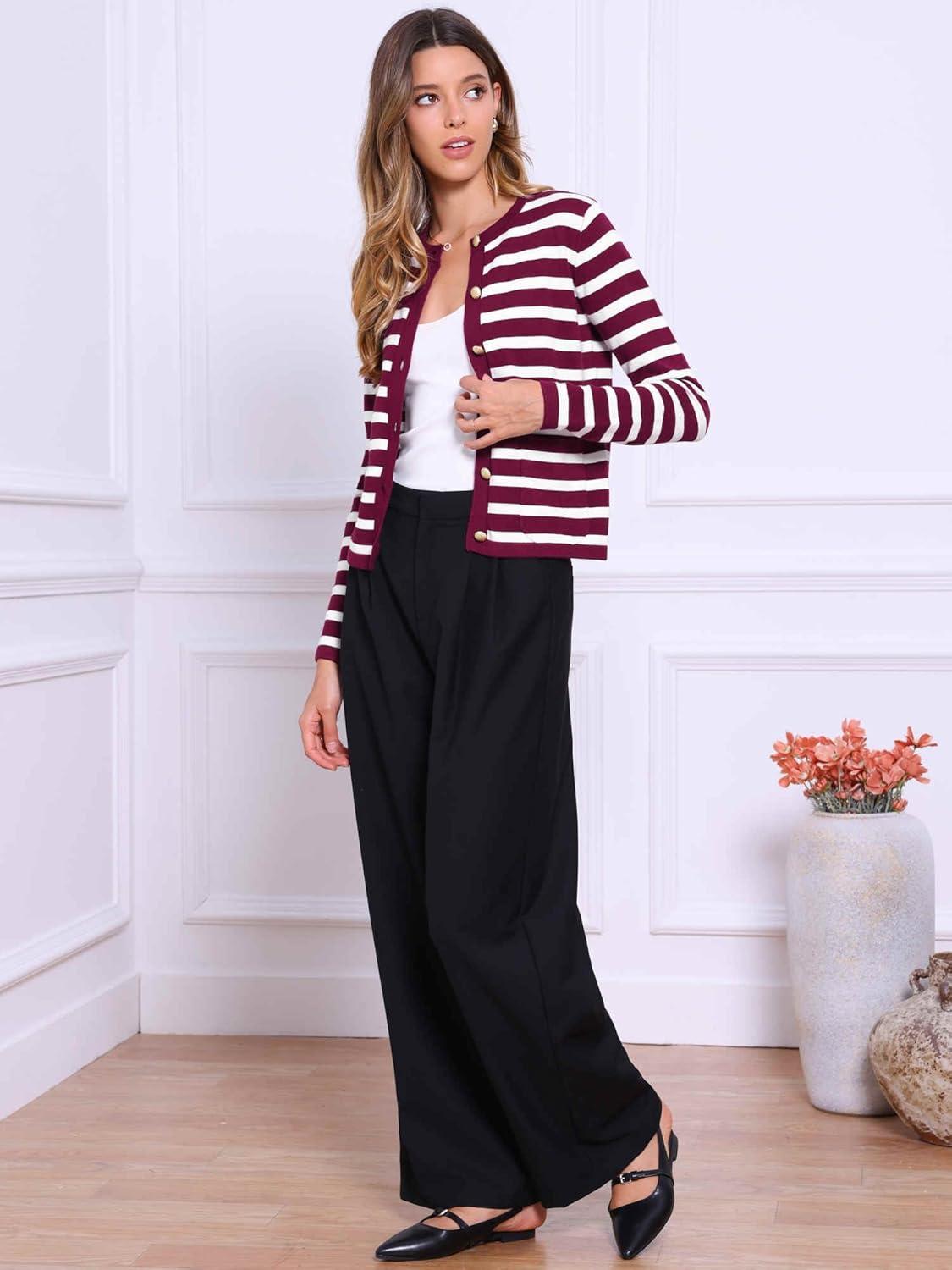 imageAllegra K Striped Cardigan Sweaters for Womens Lightweight Crew Neck Button Down Knit JacketsRed White