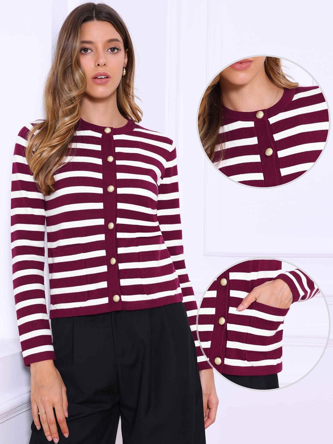 imageAllegra K Striped Cardigan Sweaters for Womens Lightweight Crew Neck Button Down Knit JacketsRed White
