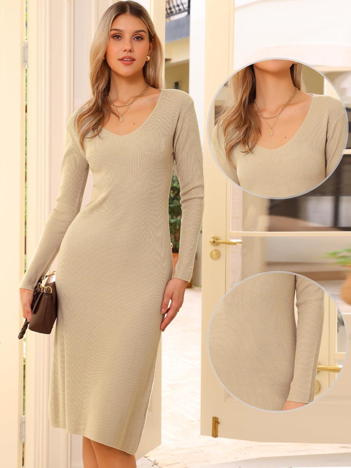 imageAllegra K Sweater Dress for Womens V Neck Long Sleeve Ribbed Knit Midi DressesBeige