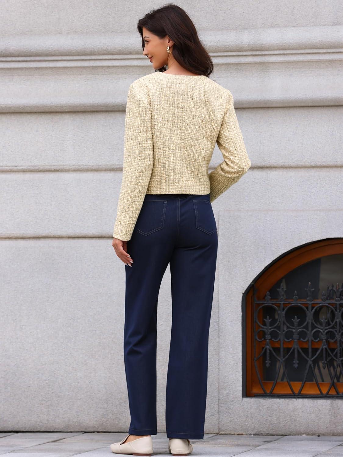 imageAllegra K Tweed Jacket Women Long Sleeve Button Down Collarless Business Casual Blazer Fall Trendy Cropped JacketsApricot