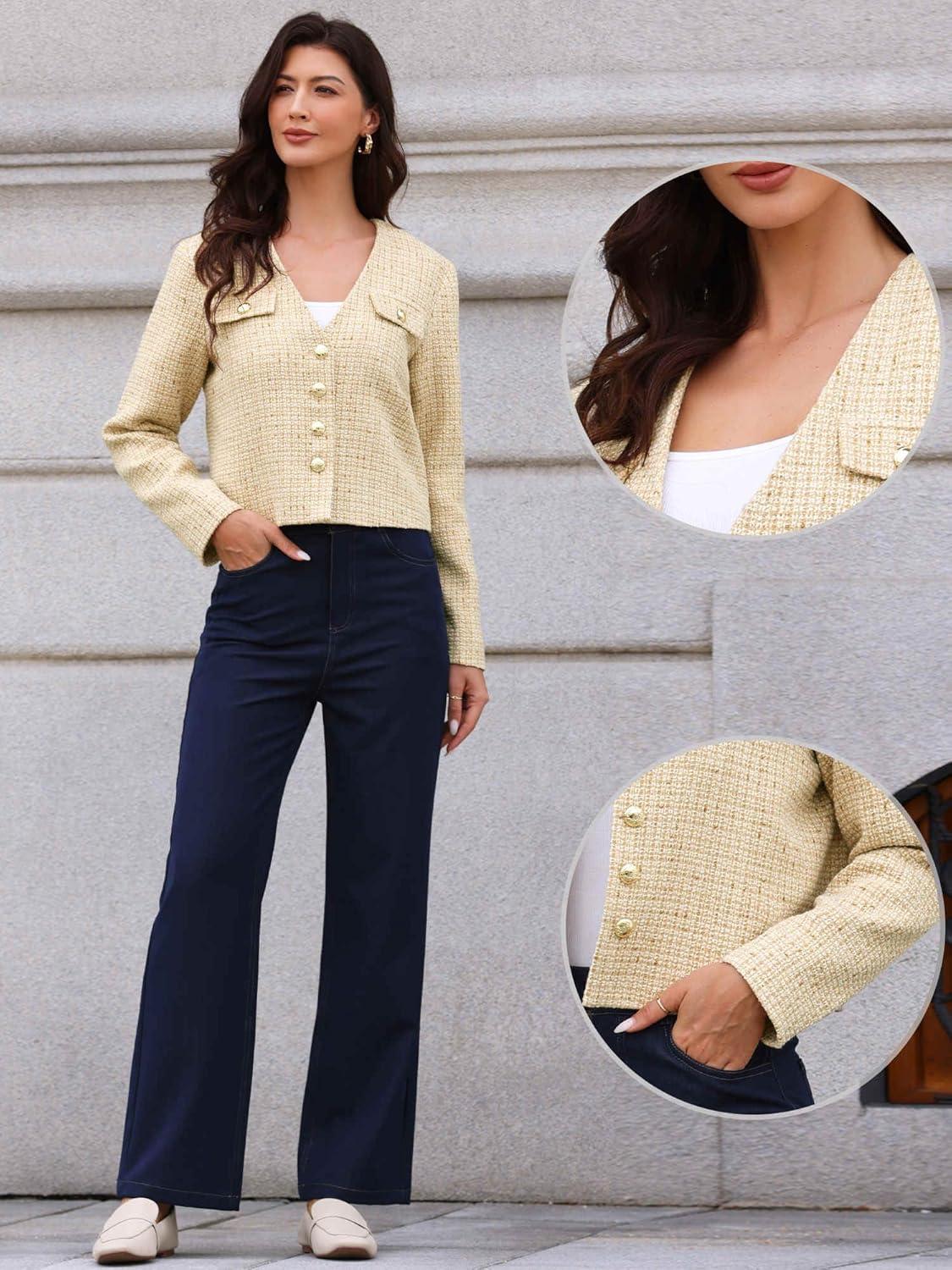 imageAllegra K Tweed Jacket Women Long Sleeve Button Down Collarless Business Casual Blazer Fall Trendy Cropped JacketsApricot