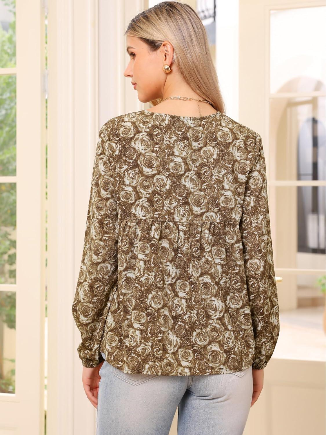 imageAllegra K V Neck Floral Long Sleeve Tops for Womens Casual Puff Sleeve Vintage Boho Tunic Blouse TShirtsLight Brown