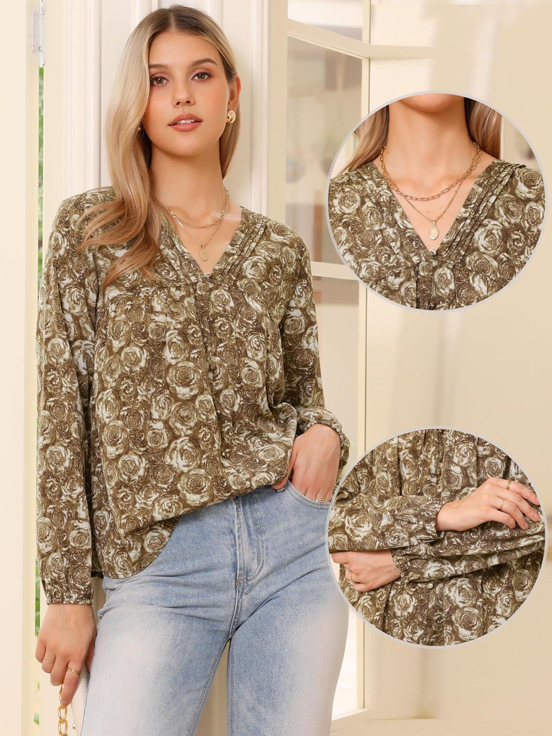 imageAllegra K V Neck Floral Long Sleeve Tops for Womens Casual Puff Sleeve Vintage Boho Tunic Blouse TShirtsLight Brown