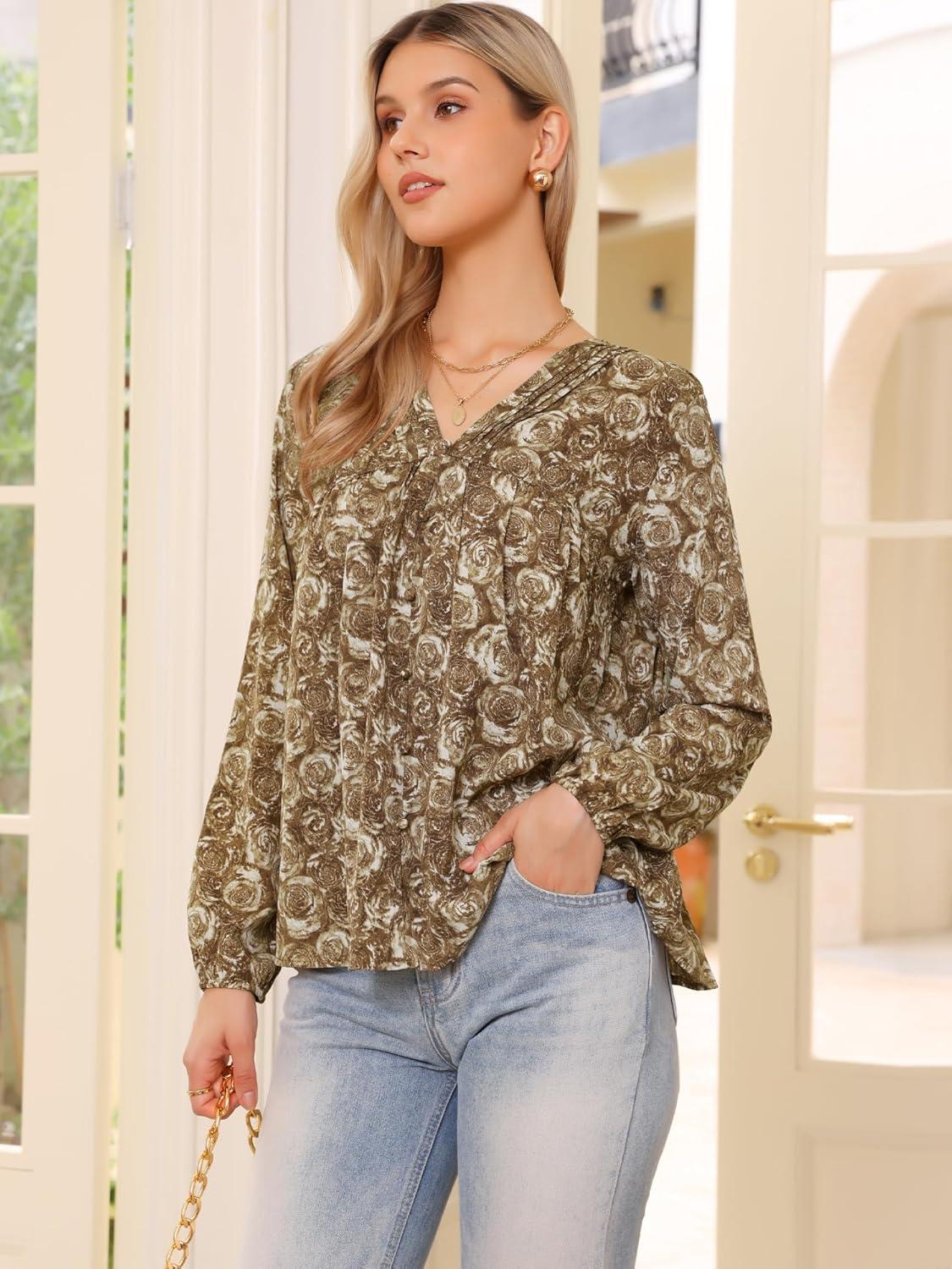 imageAllegra K V Neck Floral Long Sleeve Tops for Womens Casual Puff Sleeve Vintage Boho Tunic Blouse TShirtsLight Brown
