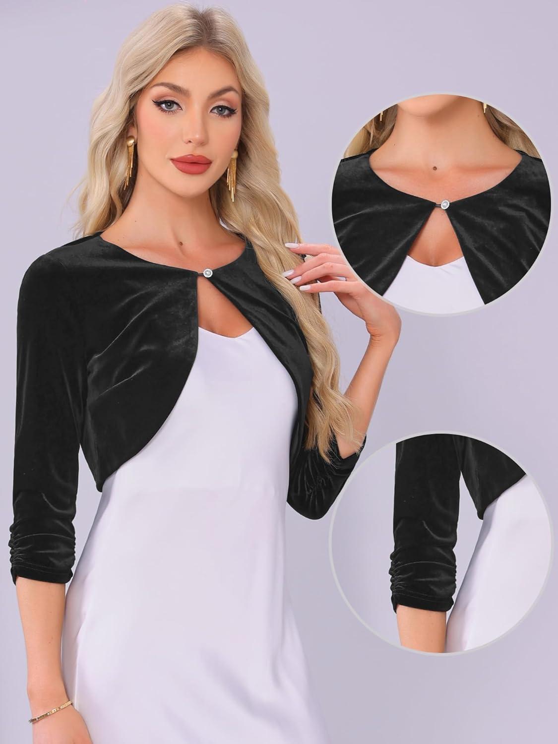imageAllegra K Velvet Shrug for Women Crew Neck Ruched 34 Sleeves Cocktail Party Cropped CardiganBlack
