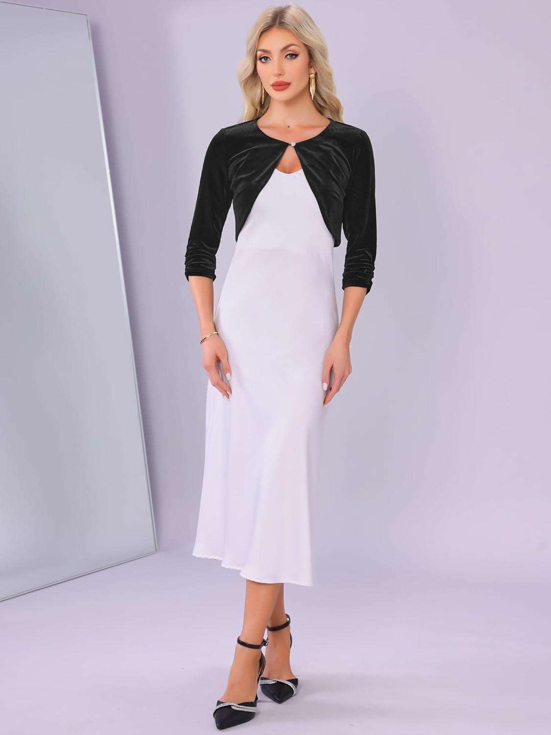 imageAllegra K Velvet Shrug for Women Crew Neck Ruched 34 Sleeves Cocktail Party Cropped CardiganBlack