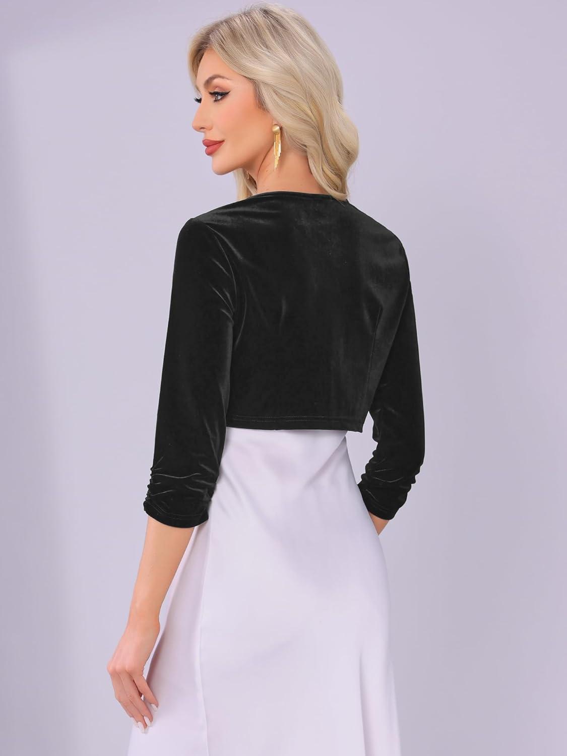 imageAllegra K Velvet Shrug for Women Crew Neck Ruched 34 Sleeves Cocktail Party Cropped CardiganBlack