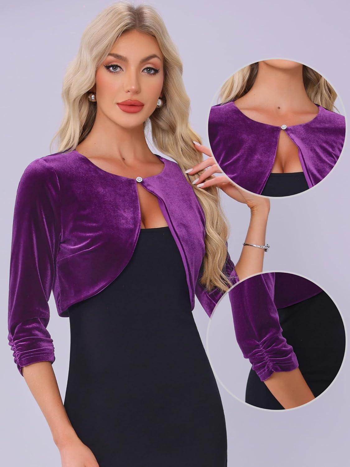 imageAllegra K Velvet Shrug for Women Crew Neck Ruched 34 Sleeves Cocktail Party Cropped CardiganPurple