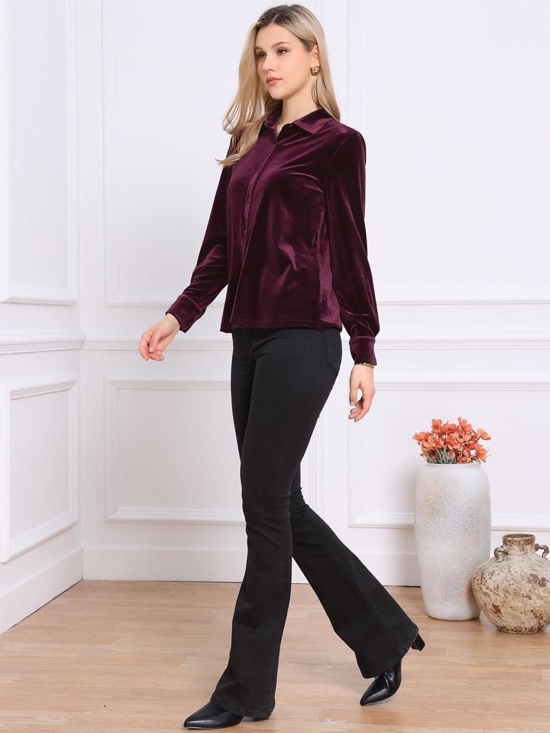 imageAllegra K Vintage Velvet Tops for Women Dressy Casual Long Sleeve Button Down Shirt BlouseDark Red