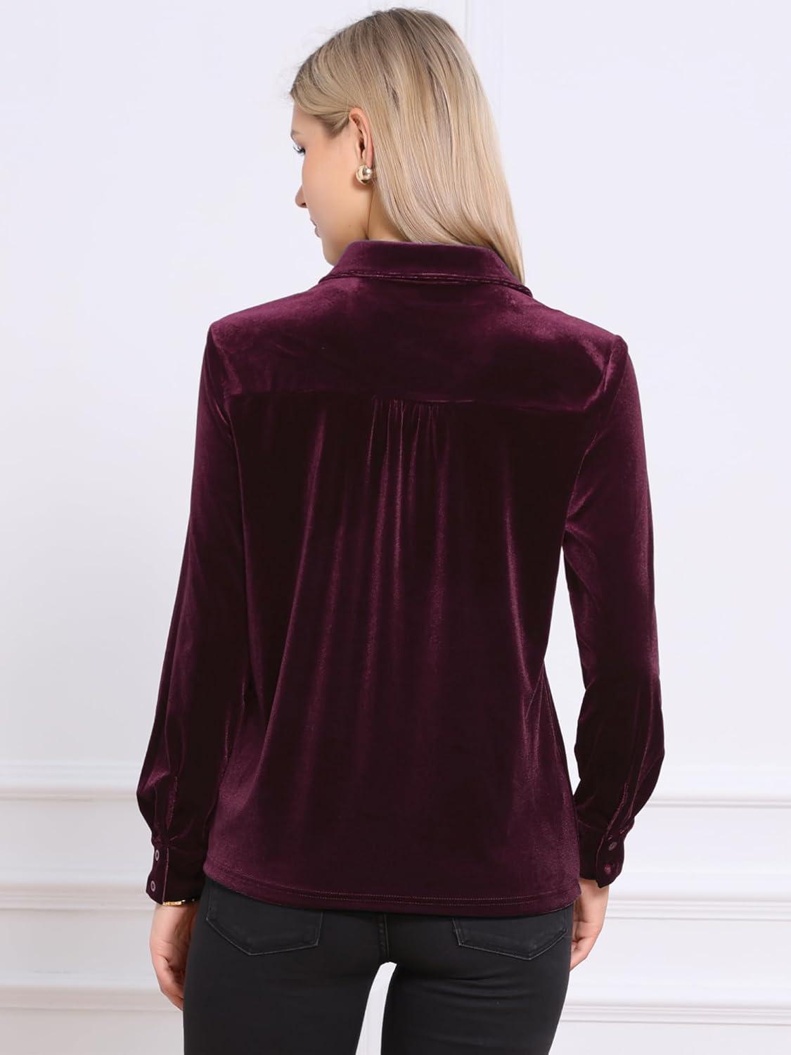 imageAllegra K Vintage Velvet Tops for Women Dressy Casual Long Sleeve Button Down Shirt BlouseDark Red