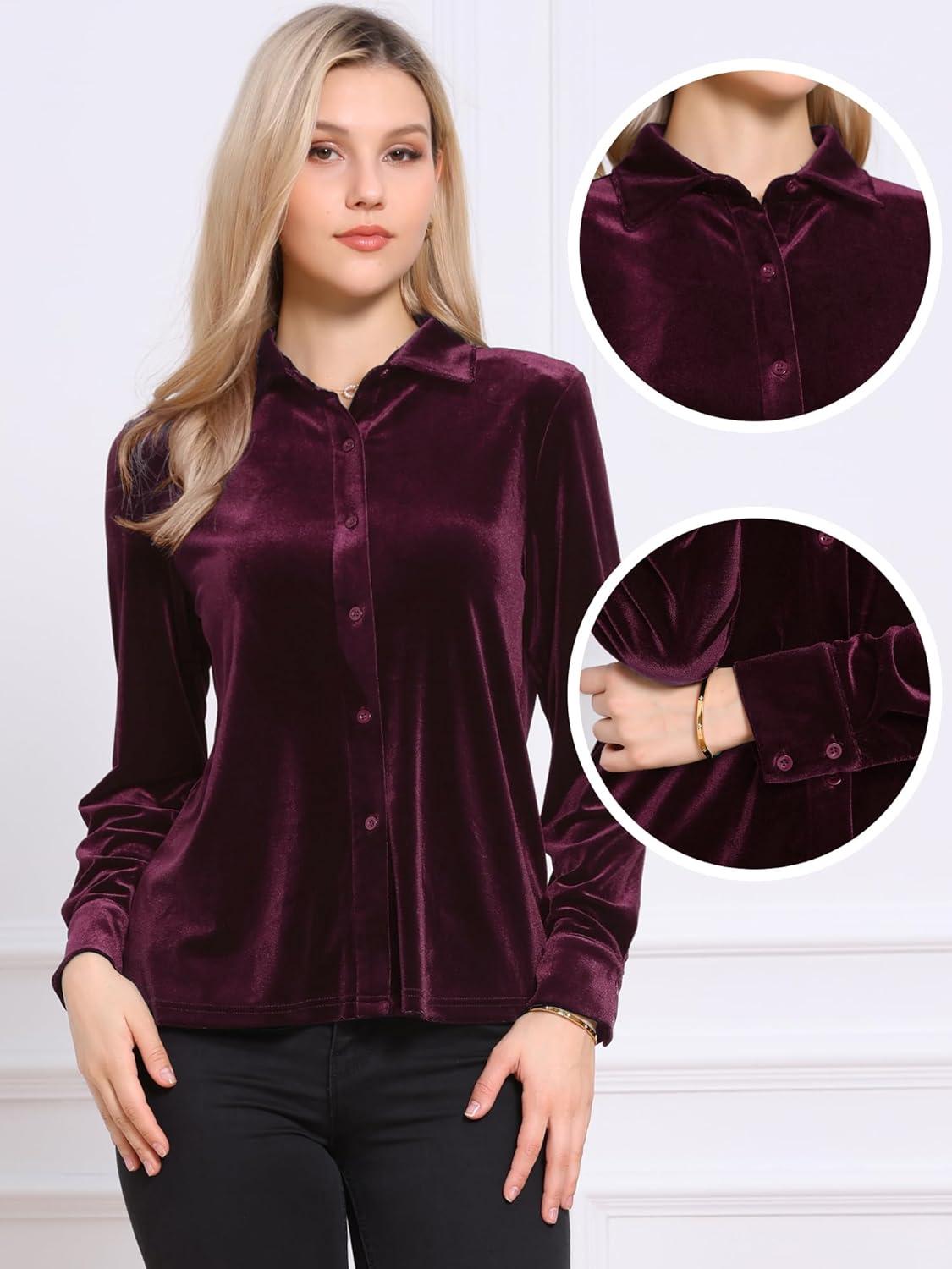imageAllegra K Vintage Velvet Tops for Women Dressy Casual Long Sleeve Button Down Shirt BlouseDark Red