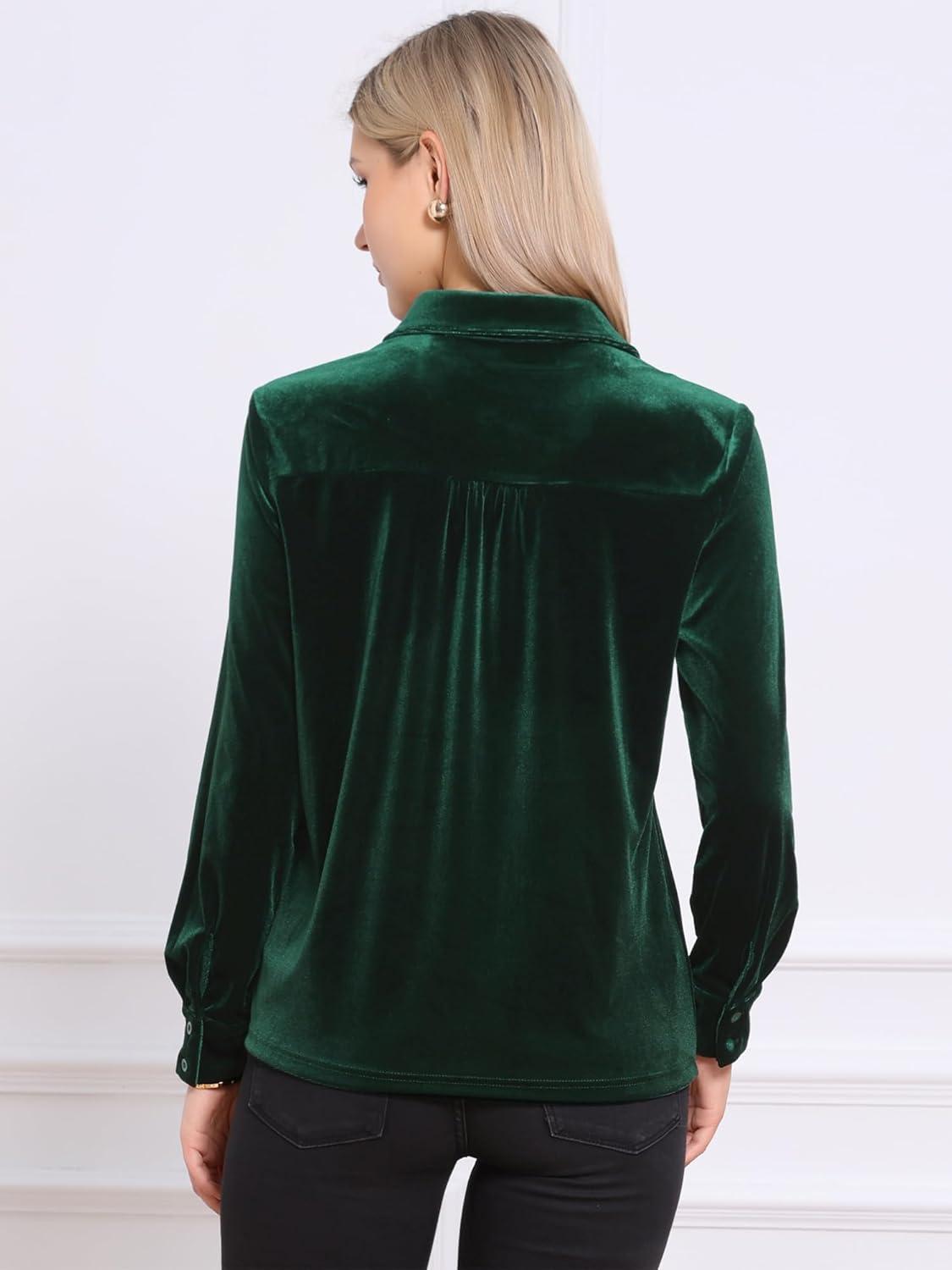 imageAllegra K Vintage Velvet Tops for Women Dressy Casual Long Sleeve Button Down Shirt BlouseGreen