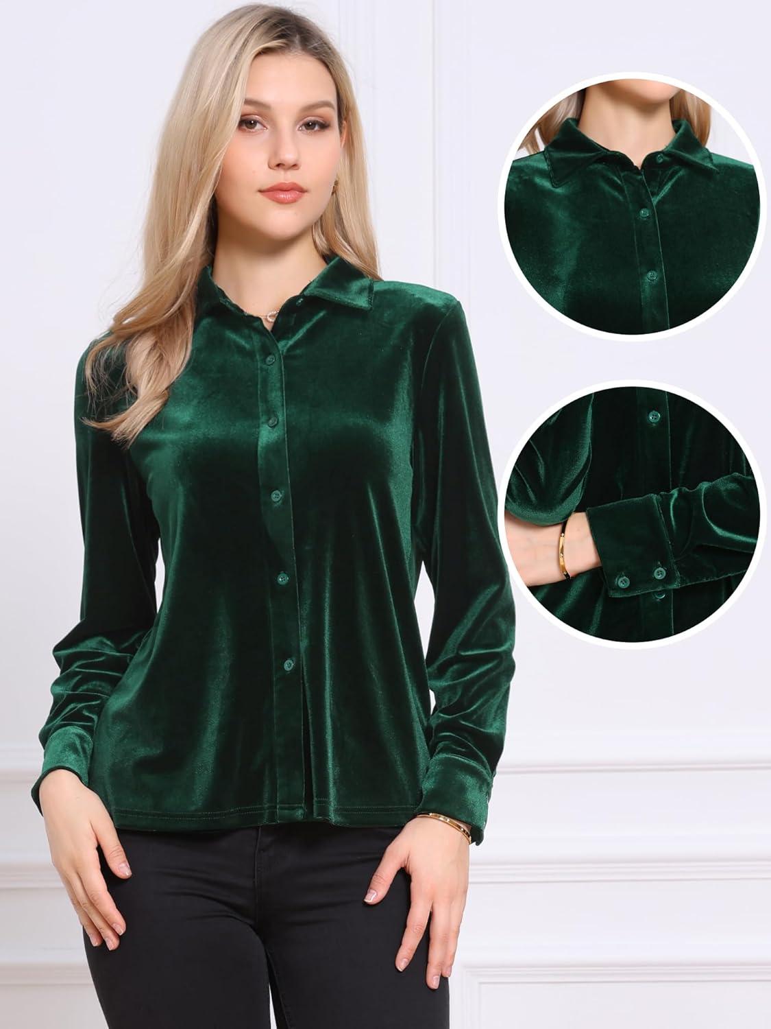 imageAllegra K Vintage Velvet Tops for Women Dressy Casual Long Sleeve Button Down Shirt BlouseGreen