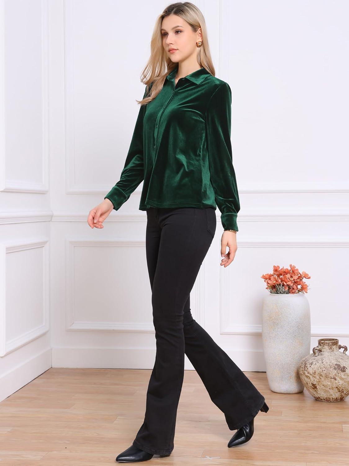 imageAllegra K Vintage Velvet Tops for Women Dressy Casual Long Sleeve Button Down Shirt BlouseGreen