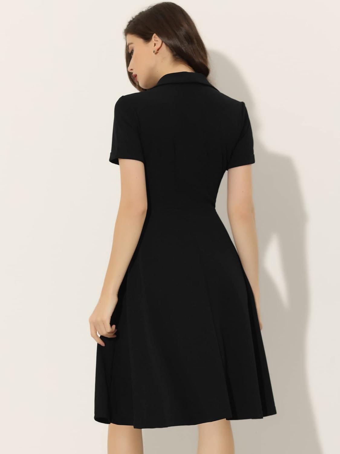 imageAllegra K Vintage Work Dresses for Womens 1950s Flat Collar Short Sleeve Fit and Flare DressBlack