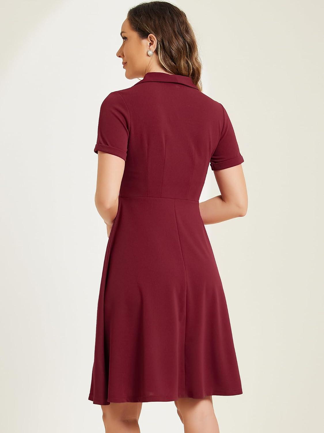 imageAllegra K Vintage Work Dresses for Womens 1950s Flat Collar Short Sleeve Fit and Flare DressWine Red