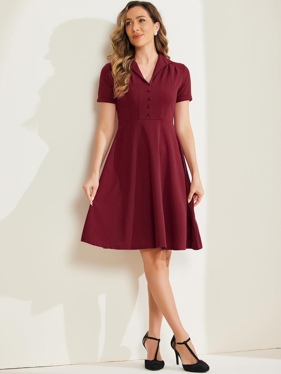 imageAllegra K Vintage Work Dresses for Womens 1950s Flat Collar Short Sleeve Fit and Flare DressWine Red