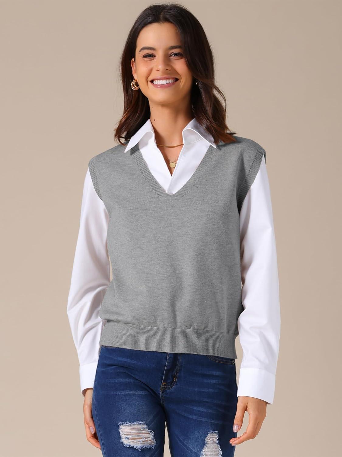 imageAllegra K Womens Sweater Vest V Neck Sleeveless Uniform Classic Knitted Pullover TopsGrey
