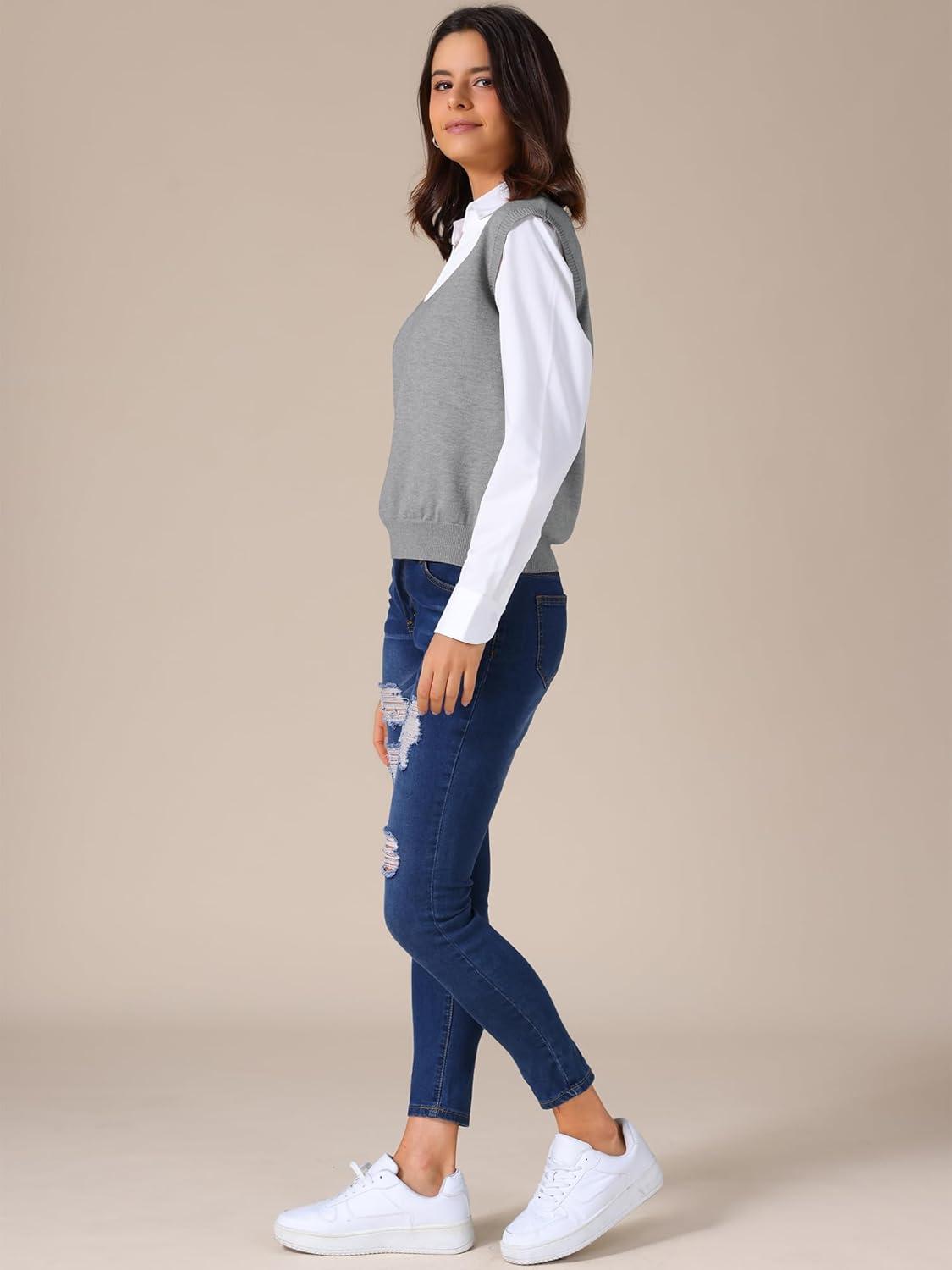 imageAllegra K Womens Sweater Vest V Neck Sleeveless Uniform Classic Knitted Pullover TopsGrey